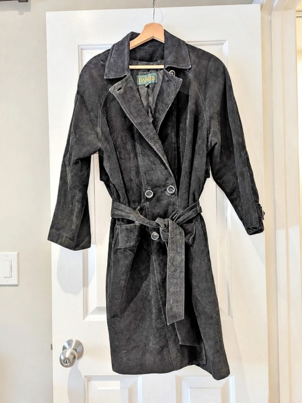 Vintage 90s Danier Black Suede Trench Coat Belted Made Canada S/M Quiet Luxury